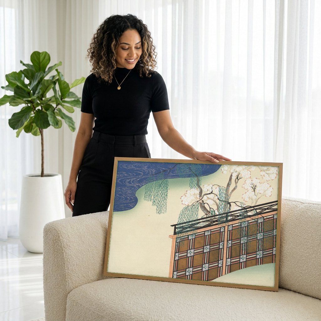 Quadro Decorativo Jardins Japoneses - Kamisaka Sekka | modelo apresentando o quadro emoldurado