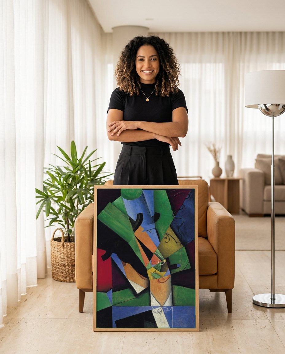 Quadro Decorativo Homem no Café - Juan Gris | modelo apresentando o quadro emoldurado