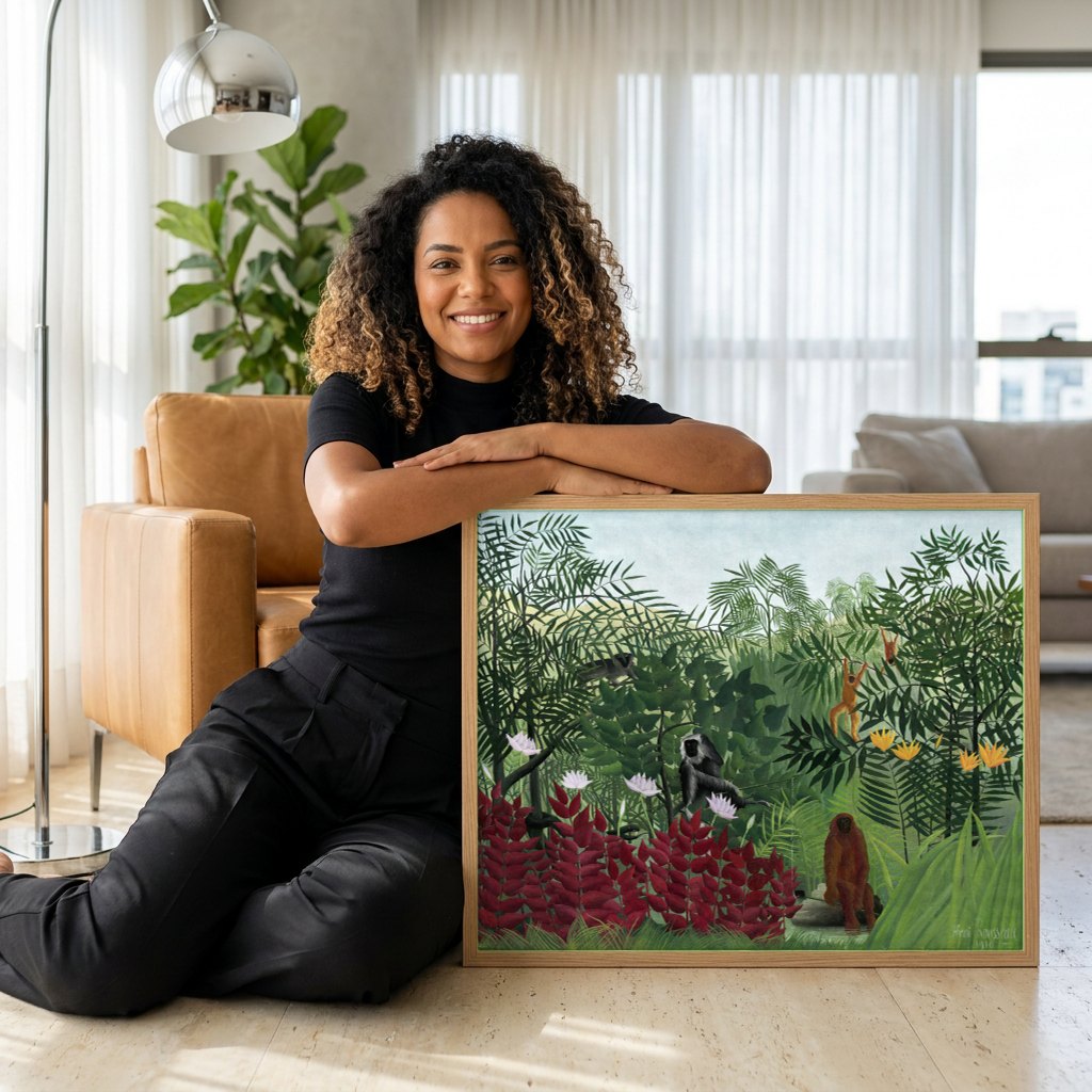 Quadro Decorativo A Selva Tropical - Henri Rousseau | modelo apresentando o quadro emoldurado