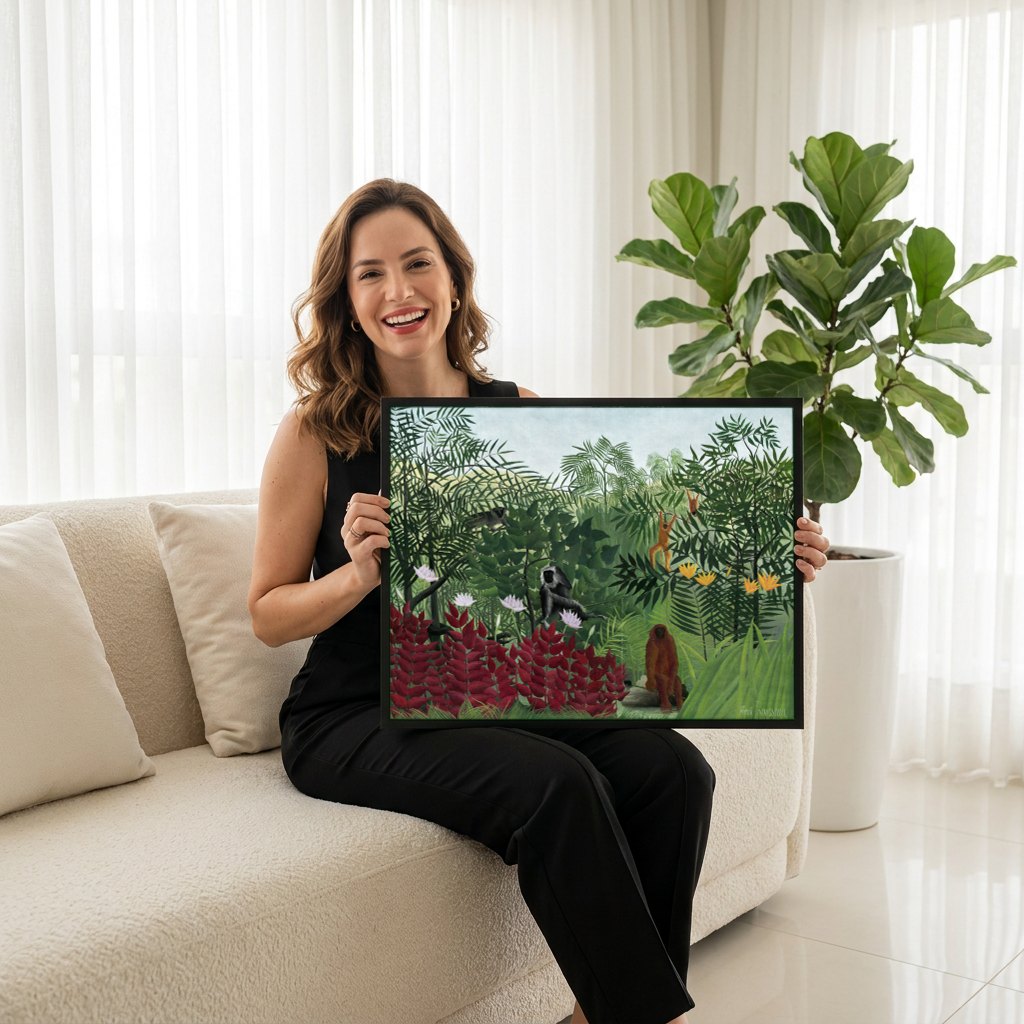 Quadro Decorativo A Selva Tropical - Henri Rousseau | modelo apresentando o quadro emoldurado
