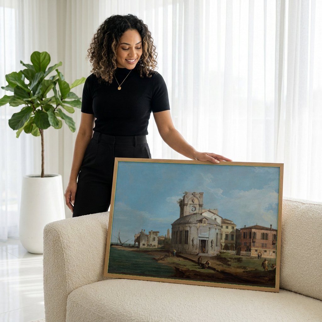 Quadro Decorativo A Igreja de San Giorgio Maggiore - Canaletto | modelo apresentando o quadro emoldurado