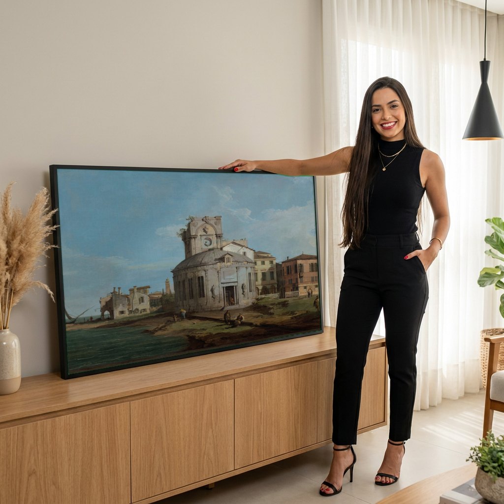 Quadro Decorativo A Igreja de San Giorgio Maggiore - Canaletto | modelo apresentando o quadro emoldurado
