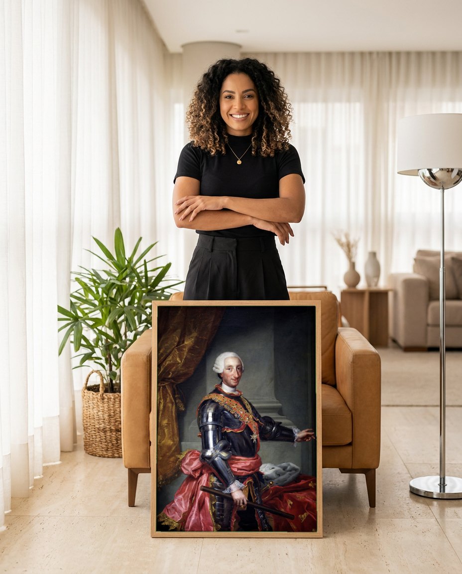 Quadro Decorativo Retrato de Carlos III - Anton Raphael Mengs | modelo apresentando o quadro emoldurado