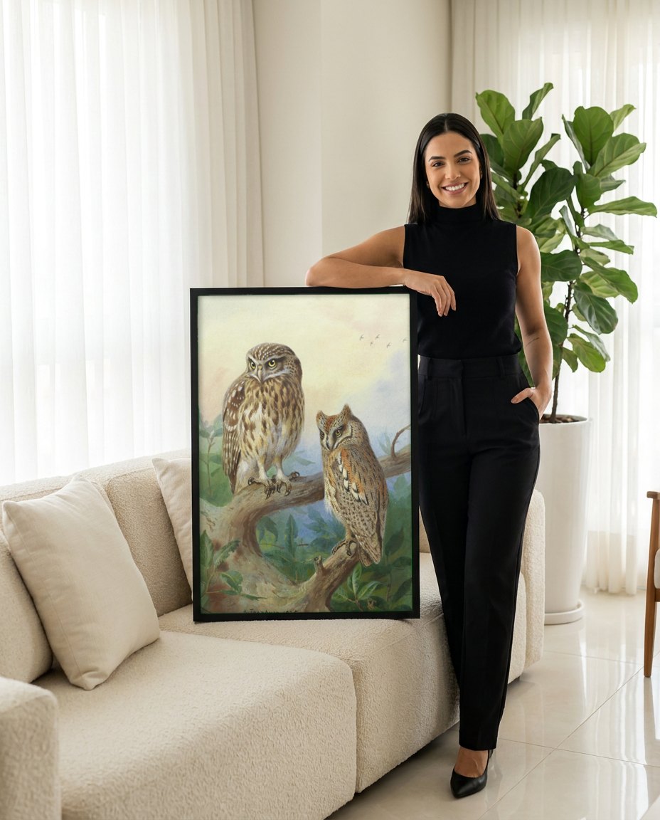 Quadro Decorativo 'Corujas no Galho' - Archibald Thorburn | modelo apresentando o quadro emoldurado