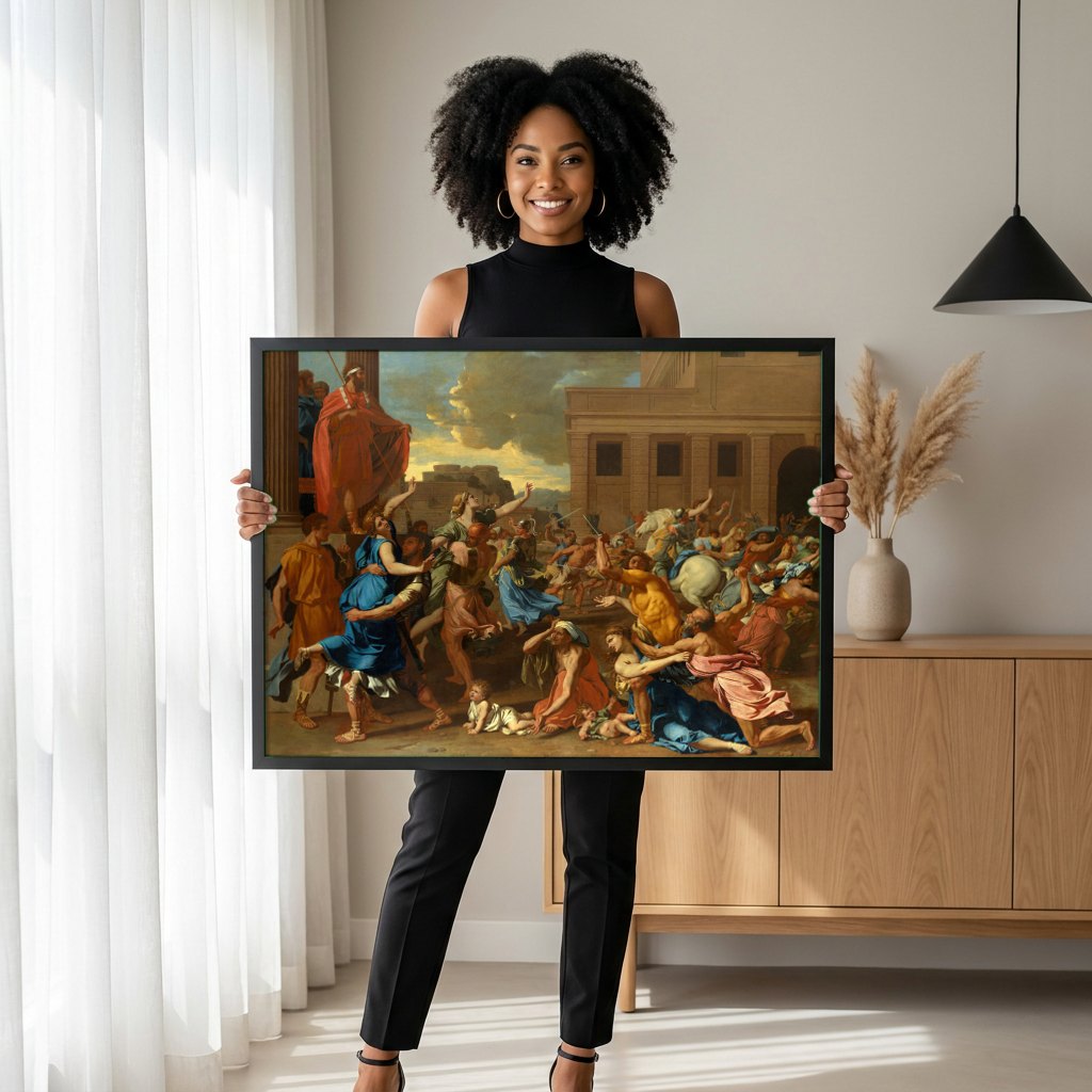 Quadro Decorativo O Rapto das Sabinas - Nicolas Poussin | modelo apresentando o quadro emoldurado