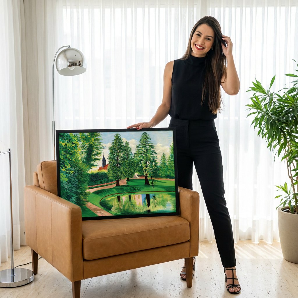 Quadro Decorativo 'Paisagem com Igreja' - Kisling | modelo apresentando o quadro emoldurado