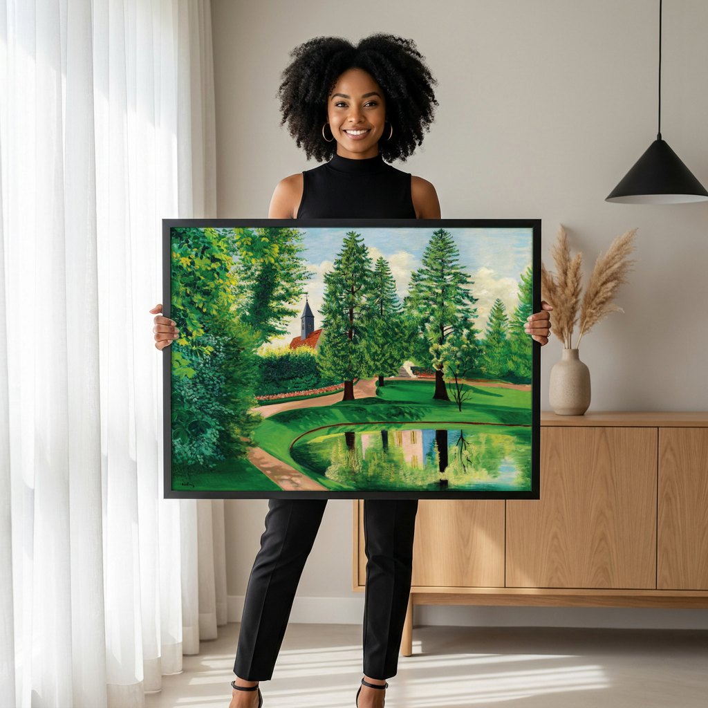 Quadro Decorativo 'Paisagem com Igreja' - Kisling | modelo apresentando o quadro emoldurado