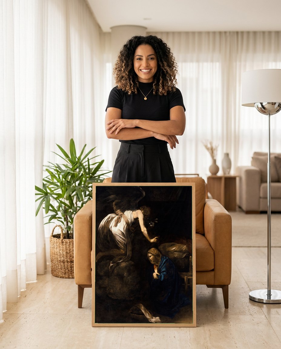 Quadro Decorativo A Anunciação - Caravaggio | modelo apresentando o quadro emoldurado