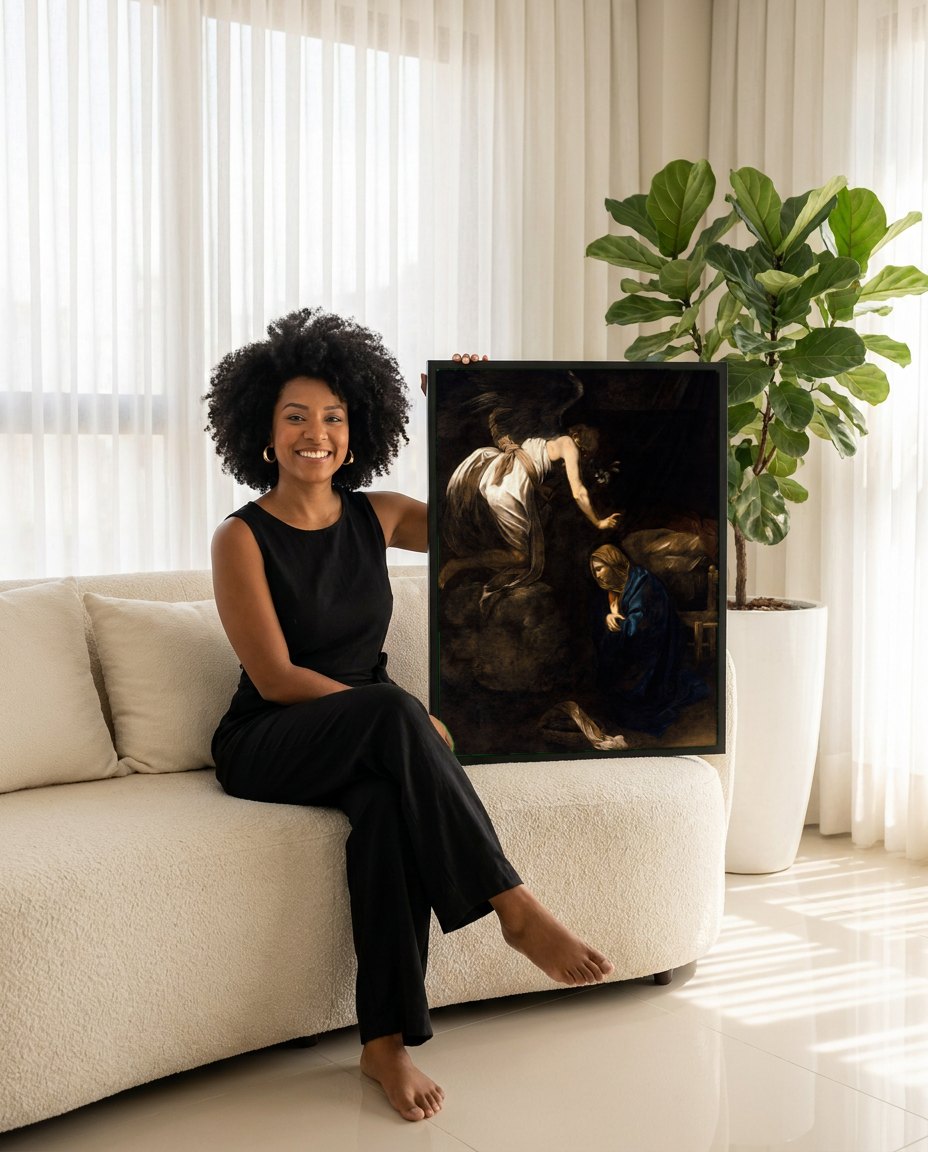 Quadro Decorativo A Anunciação - Caravaggio | modelo apresentando o quadro emoldurado