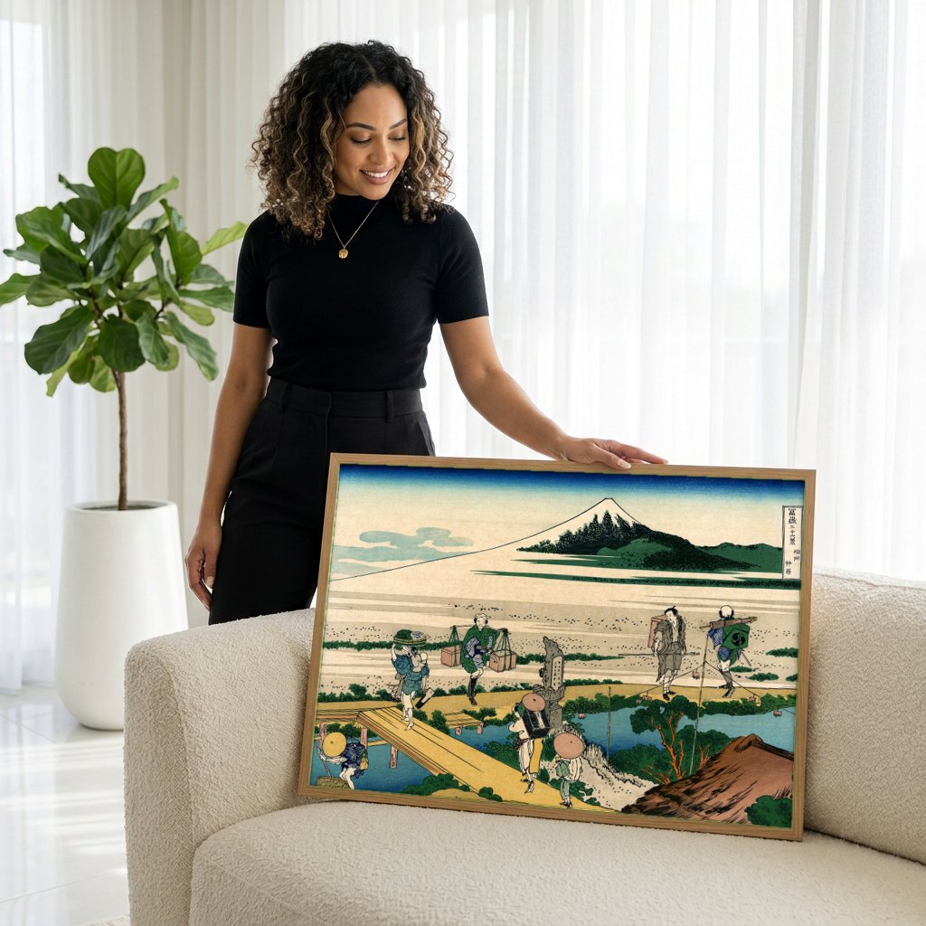 Quadro Decorativo A Travessia de Sagami - Katsushika Hokusai | modelo apresentando o quadro emoldurado