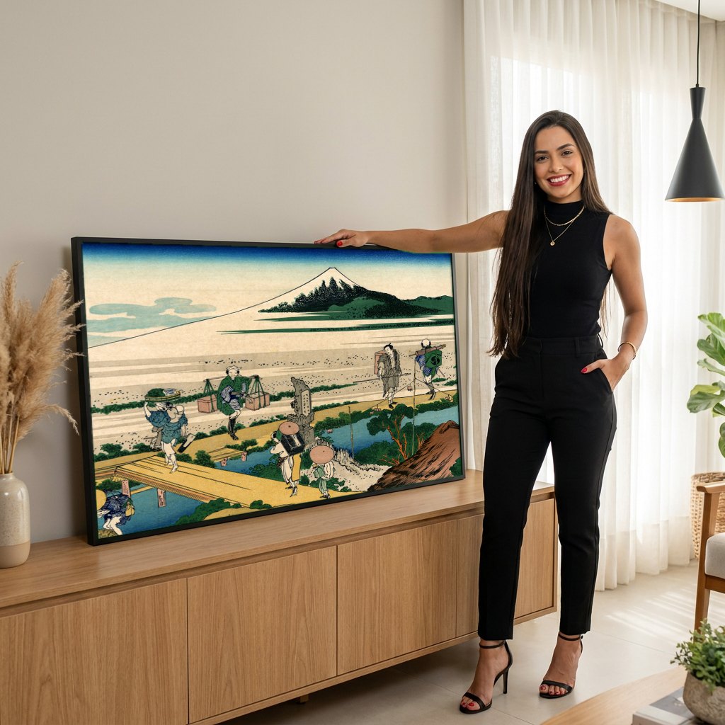 Quadro Decorativo A Travessia de Sagami - Katsushika Hokusai | modelo apresentando o quadro emoldurado