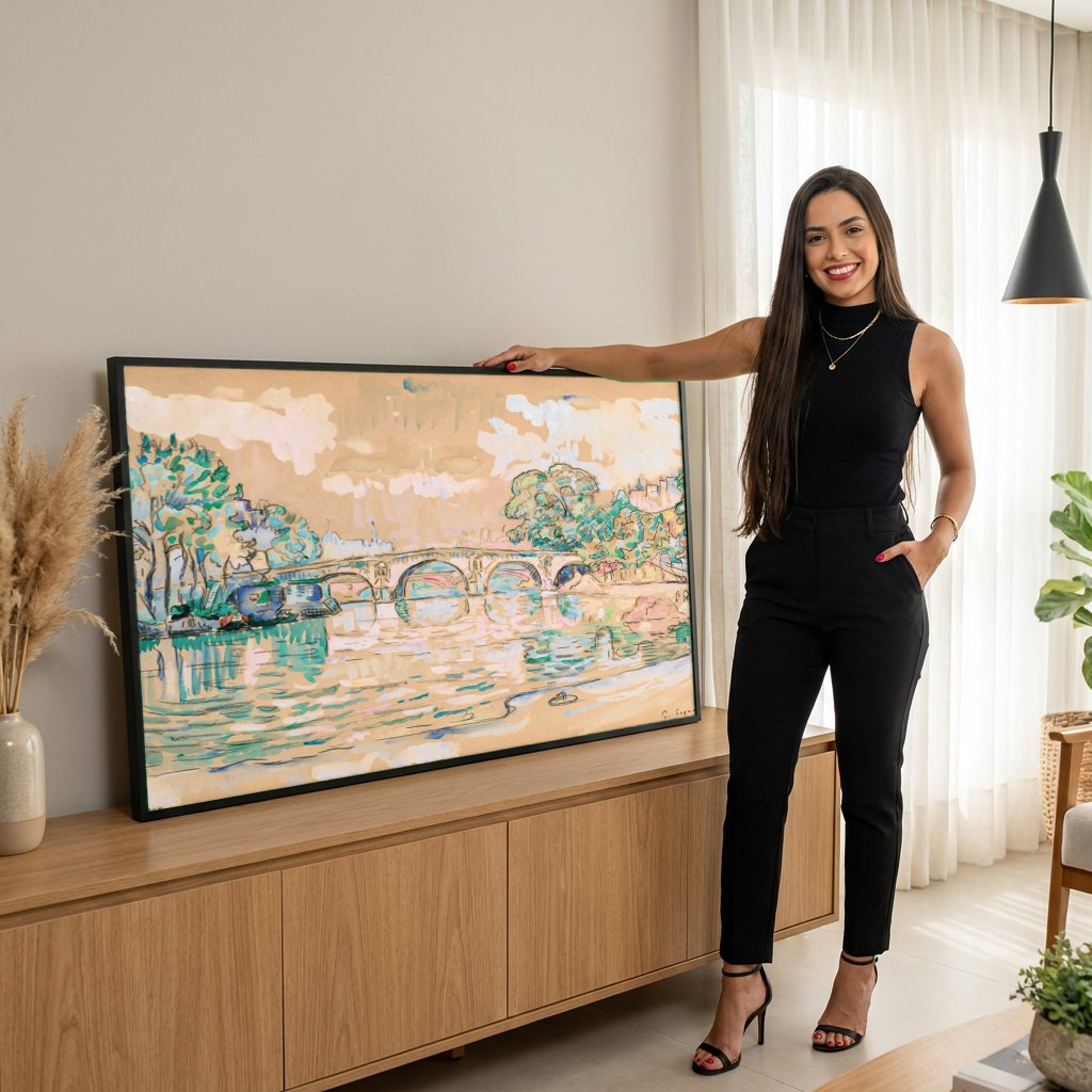 Quadro Decorativo A Ponte das Artes, Paris - Signac | modelo apresentando o quadro emoldurado