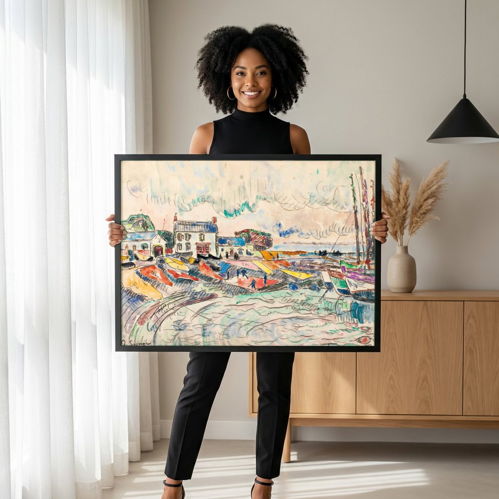 Quadro Decorativo Porto Vibrante - Paul Signac | modelo apresentando o quadro emoldurado
