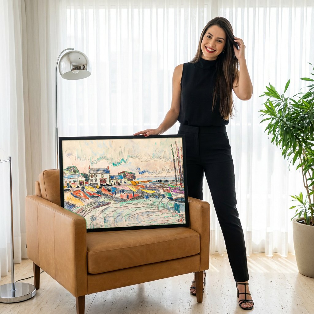 Quadro Decorativo Porto Vibrante - Paul Signac | modelo apresentando o quadro emoldurado