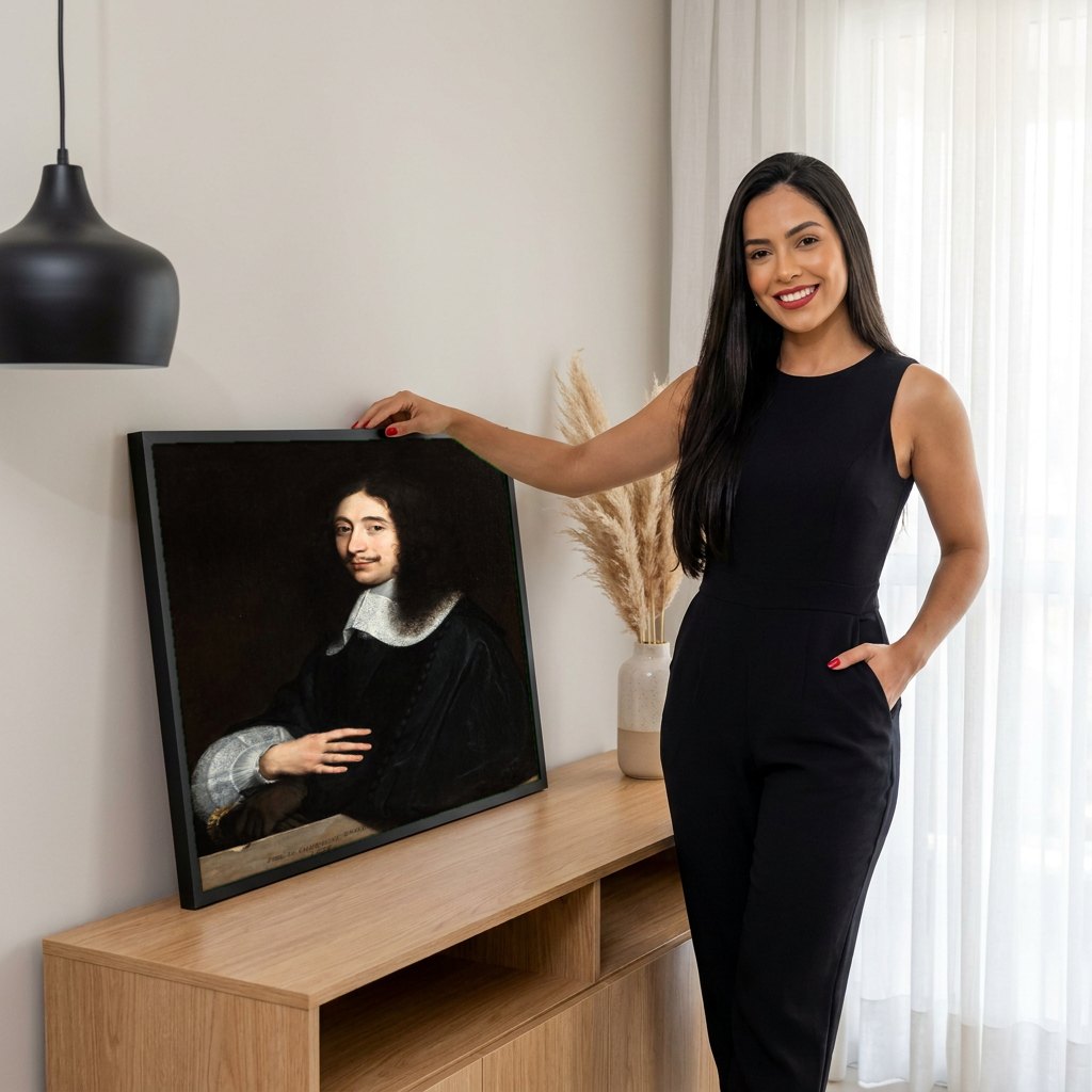 Quadro Decorativo Retrato de Homem - Philippe de Champaigne | modelo apresentando o quadro emoldurado