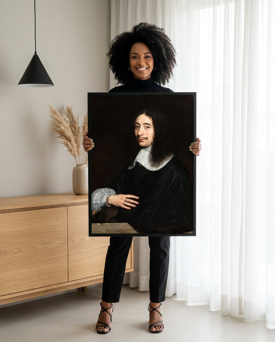 Quadro Decorativo Retrato de Homem - Philippe de Champaigne | modelo apresentando o quadro emoldurado