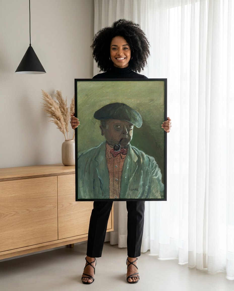 Quadro Decorativo Autorretrato com Cachimbo - Oskar Laske | modelo apresentando o quadro emoldurado