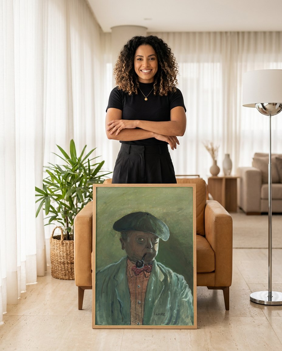 Quadro Decorativo Autorretrato com Cachimbo - Oskar Laske | modelo apresentando o quadro emoldurado