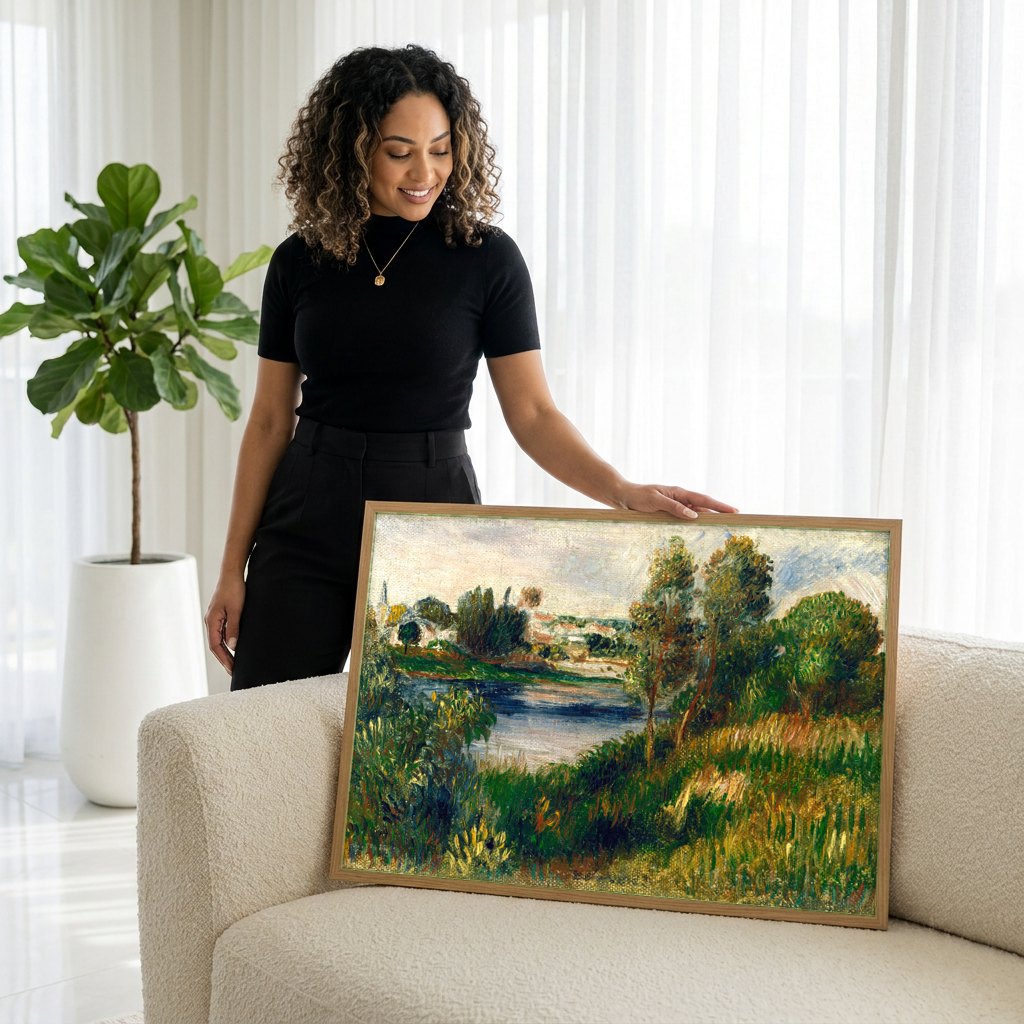 Quadro Decorativo Paisagem Fluvial - Renoir | modelo apresentando o quadro emoldurado