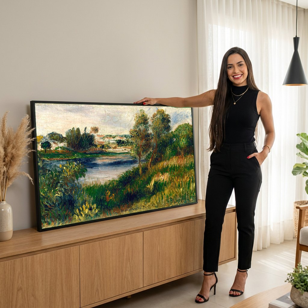Quadro Decorativo Paisagem Fluvial - Renoir | modelo apresentando o quadro emoldurado