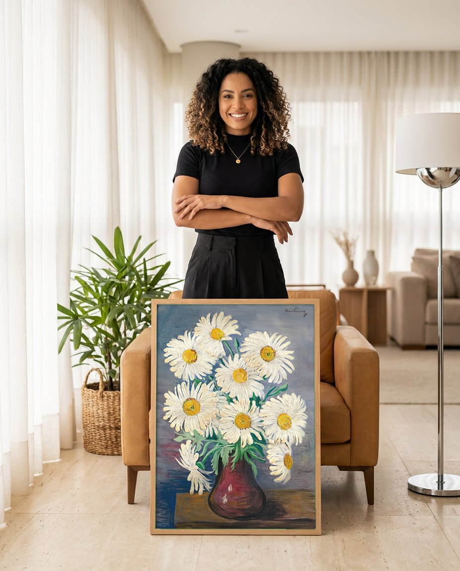 Quadro Decorativo Margaridas - Moïse Kisling | modelo apresentando o quadro emoldurado