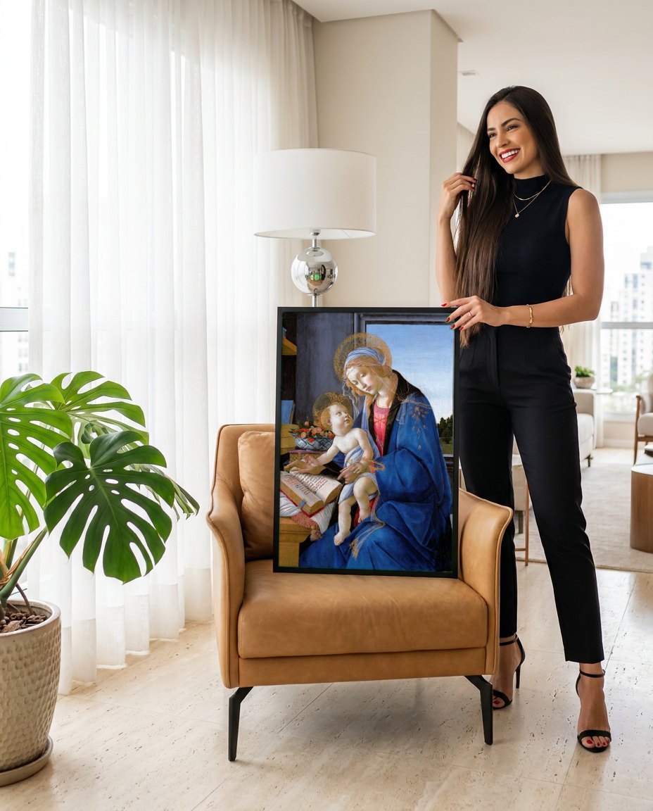 Quadro Decorativo Madonna do Livro - Botticelli | modelo apresentando o quadro emoldurado