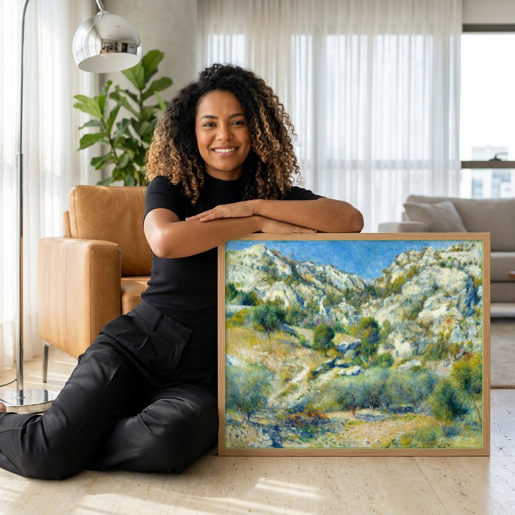 Quadro Decorativo Paisagem Rochosa - Renoir | modelo apresentando o quadro emoldurado