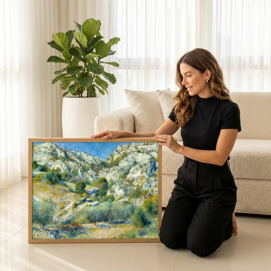 Quadro Decorativo Paisagem Rochosa - Renoir | modelo apresentando o quadro emoldurado
