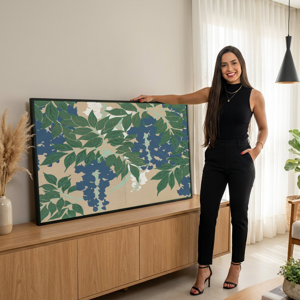 Quadro Decorativo Wisteria (Glicínia) - Kamisaka Sekka | modelo apresentando o quadro emoldurado