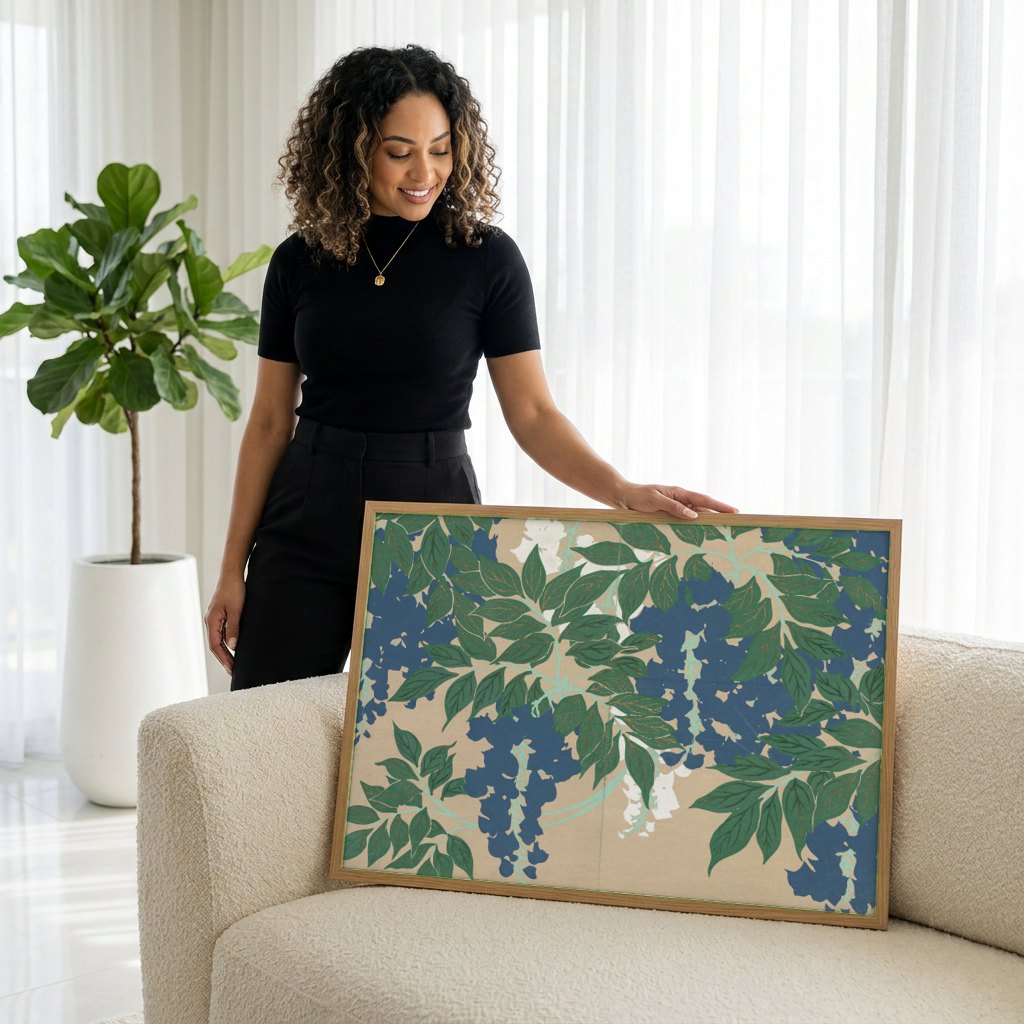 Quadro Decorativo Wisteria (Glicínia) - Kamisaka Sekka | modelo apresentando o quadro emoldurado
