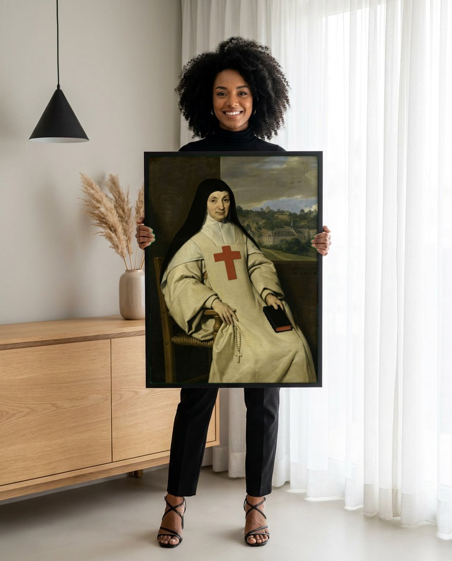 Quadro Decorativo Retrato de Monja - Philippe de Champaigne | modelo apresentando o quadro emoldurado