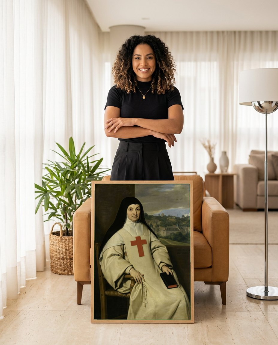 Quadro Decorativo Retrato de Monja - Philippe de Champaigne | modelo apresentando o quadro emoldurado