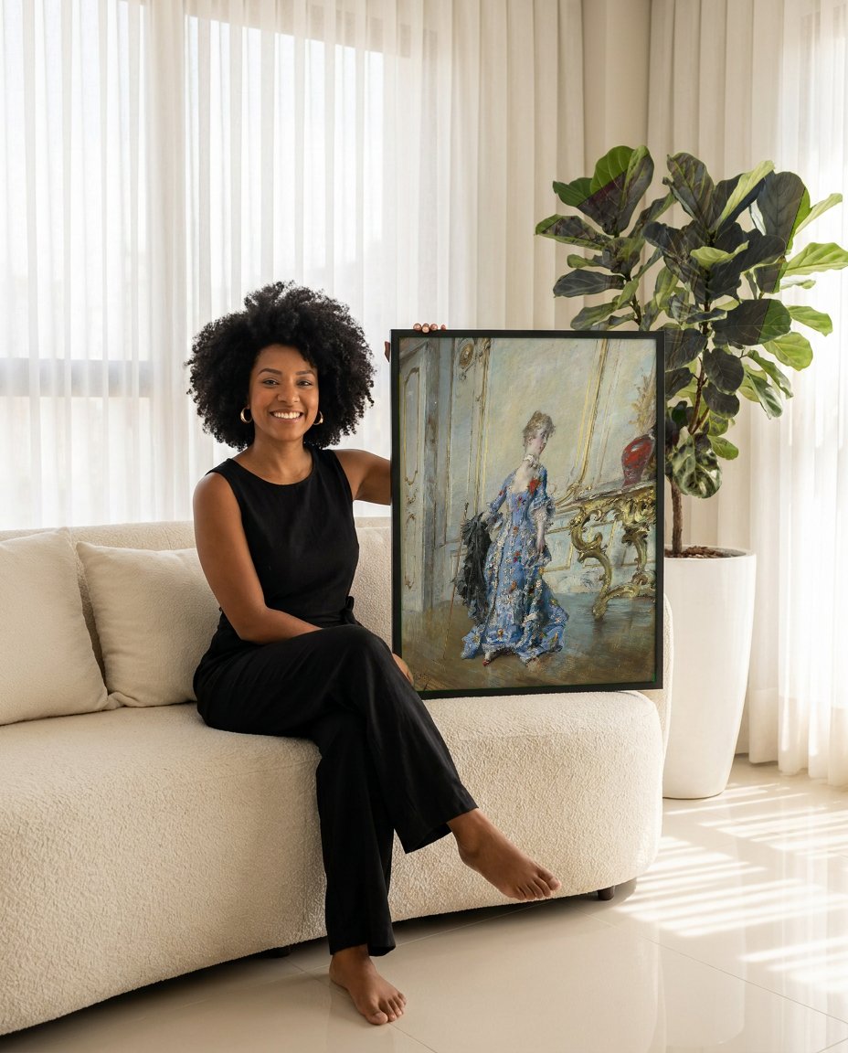 Quadro Decorativo A Dama Azul - Giovanni Boldini com modelo em ambiente