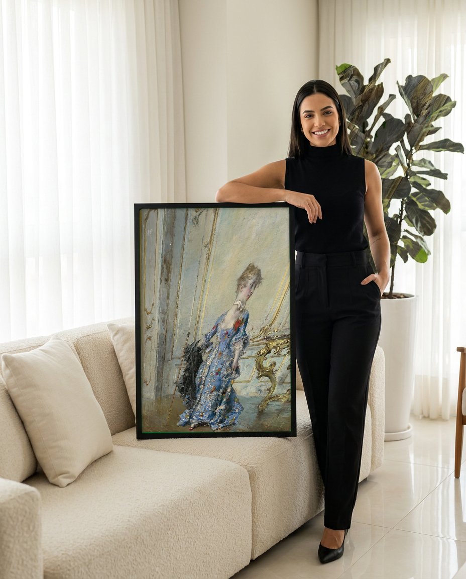 Quadro Decorativo A Dama Azul - Giovanni Boldini com modelo em ambiente