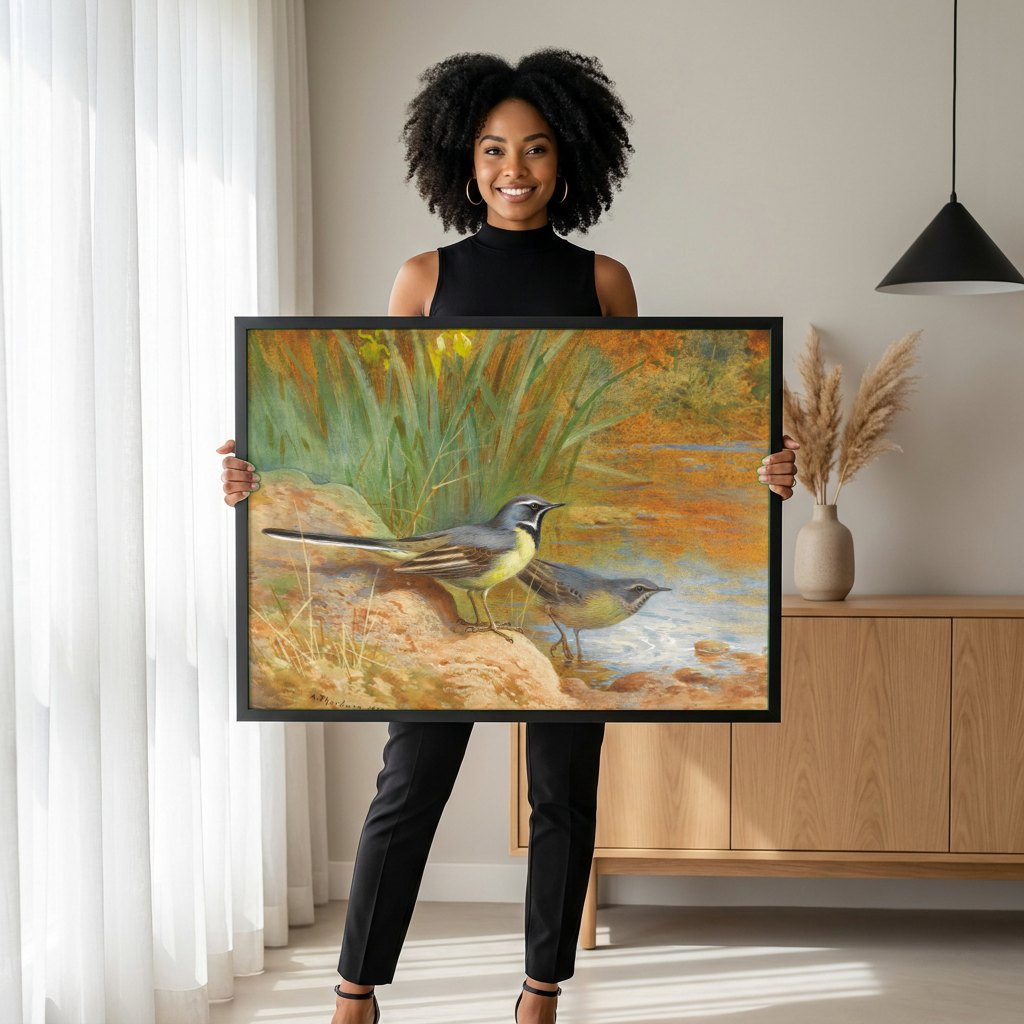 Quadro Decorativo Pássaros à Beira do Rio - Thorburn | modelo apresentando o quadro emoldurado