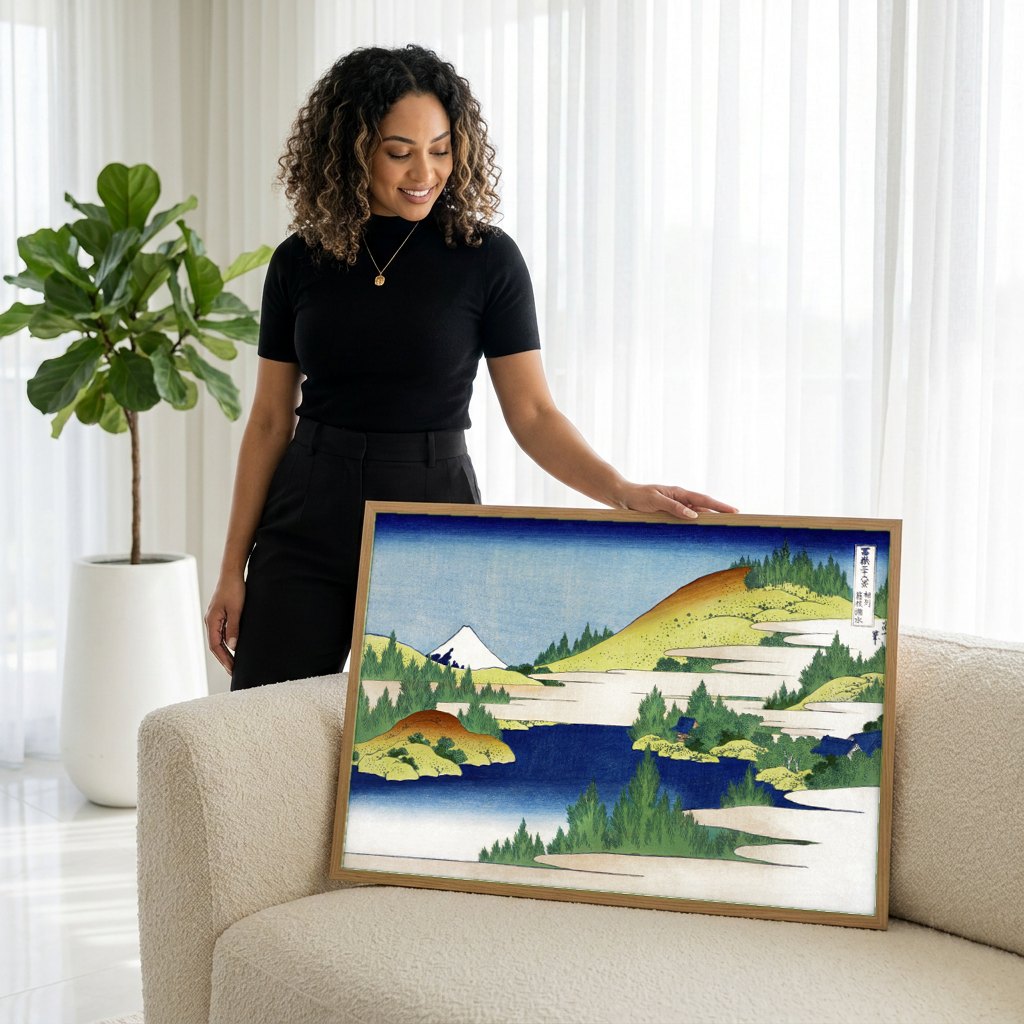 Quadro Decorativo Lago Hakone - Hokusai | modelo apresentando o quadro emoldurado