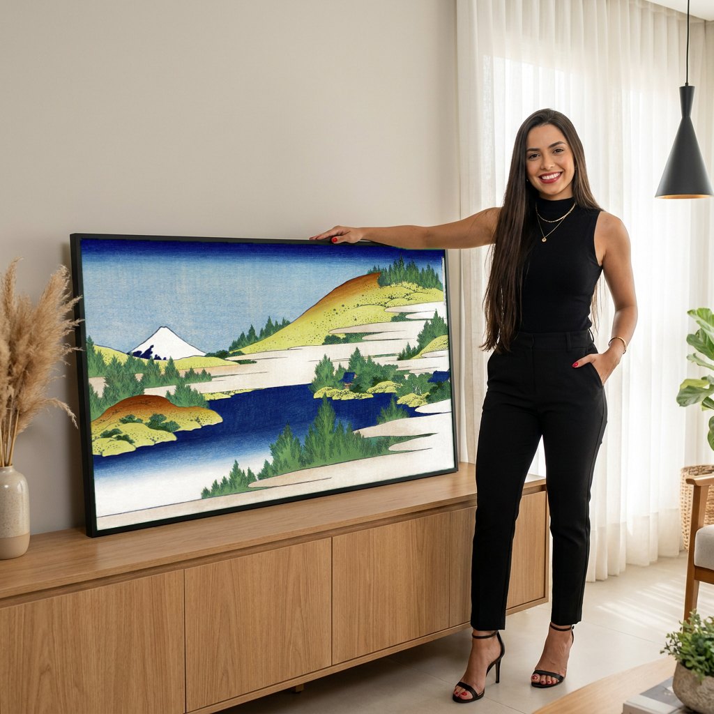 Quadro Decorativo Lago Hakone - Hokusai | modelo apresentando o quadro emoldurado