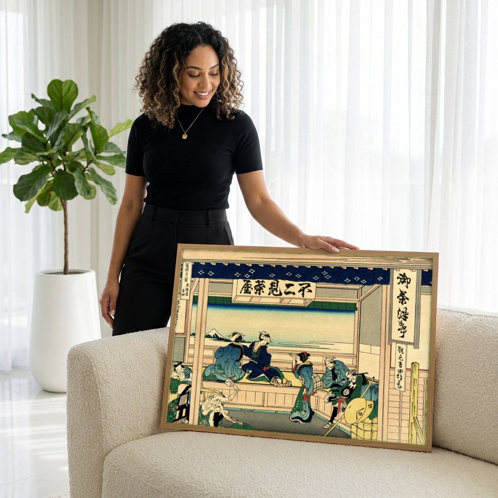Quadro Decorativo A Casa de Chá de Yoshida - Hokusai | modelo apresentando o quadro emoldurado