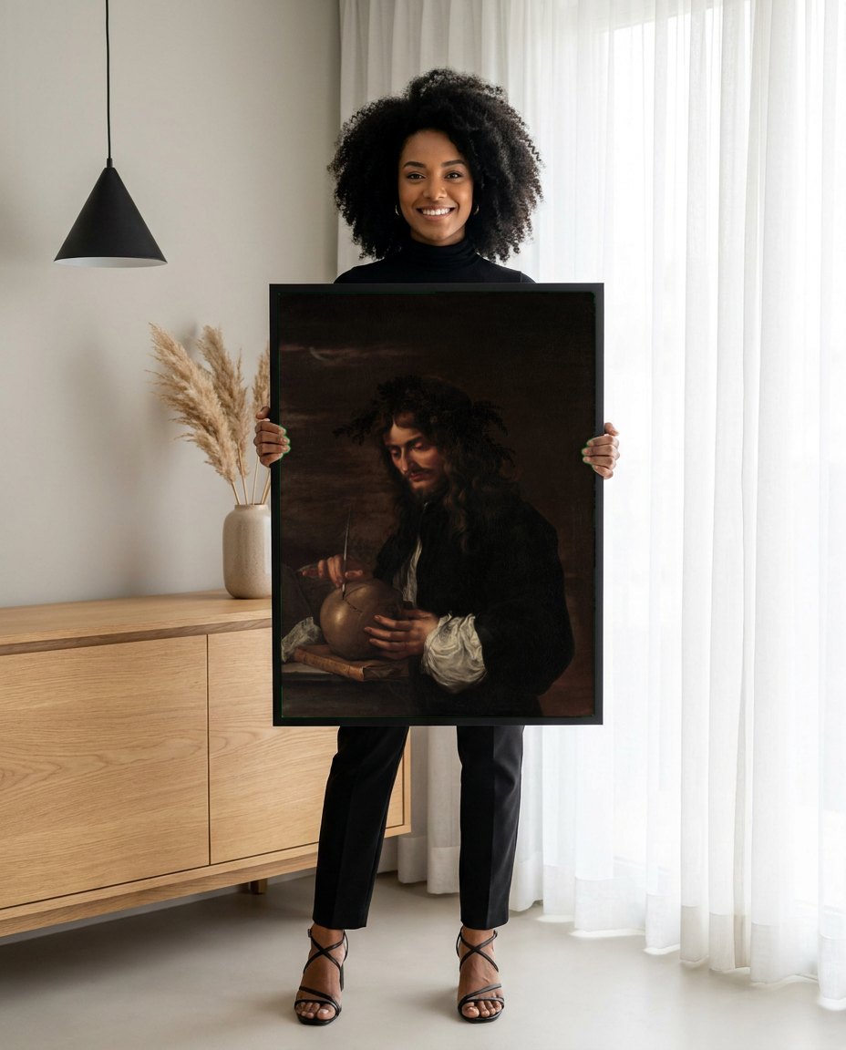 Quadro Decorativo Autorretrato com Crânio – Salvator Rosa | modelo apresentando o quadro emoldurado