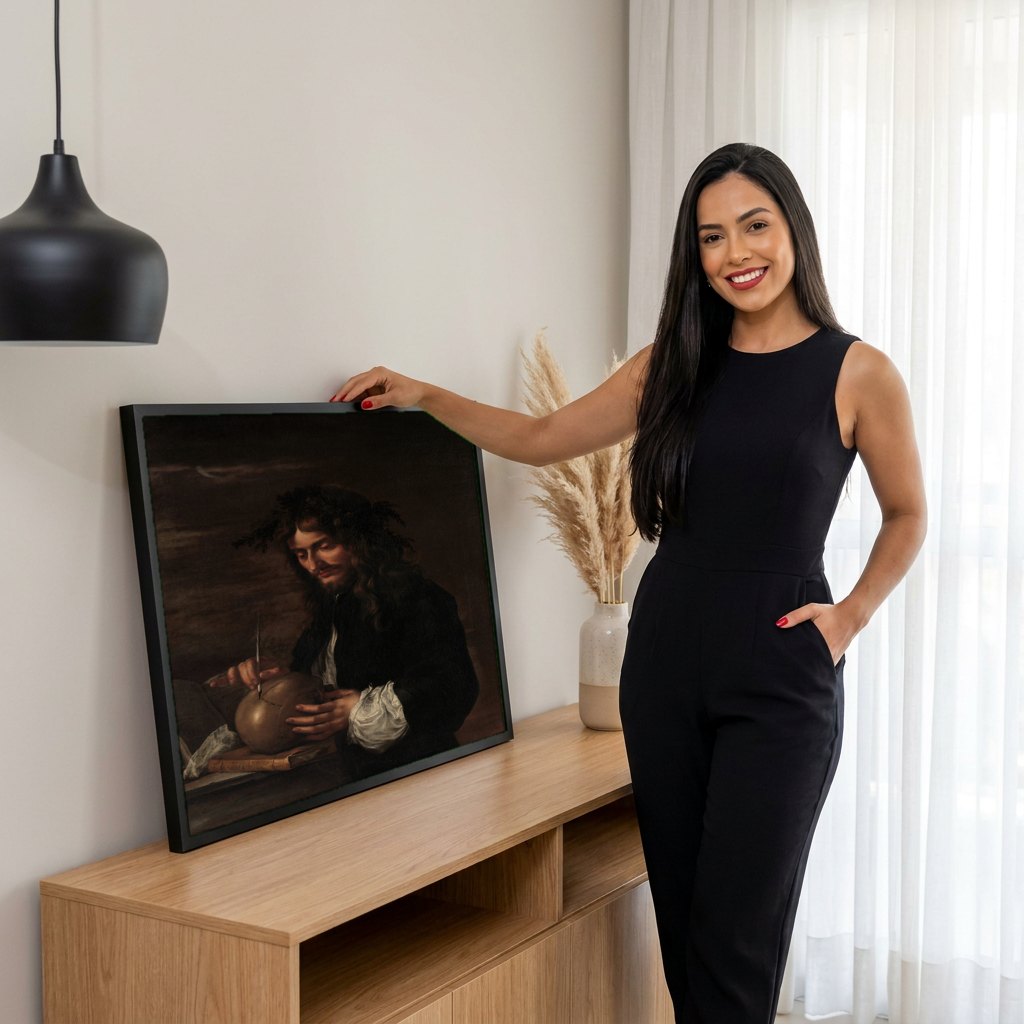 Quadro Decorativo Autorretrato com Crânio – Salvator Rosa | modelo apresentando o quadro emoldurado
