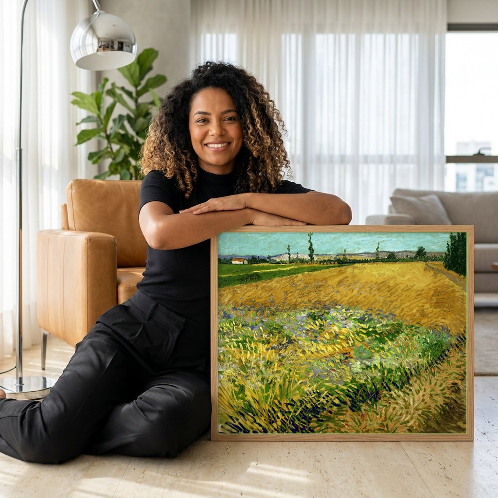 Quadro Decorativo Campo de Trigo com Ceifeiro - Van Gogh | modelo apresentando o quadro emoldurado