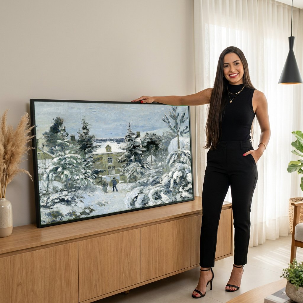 Quadro Decorativo Paisagem de Inverno - Pissarro | modelo apresentando o quadro emoldurado