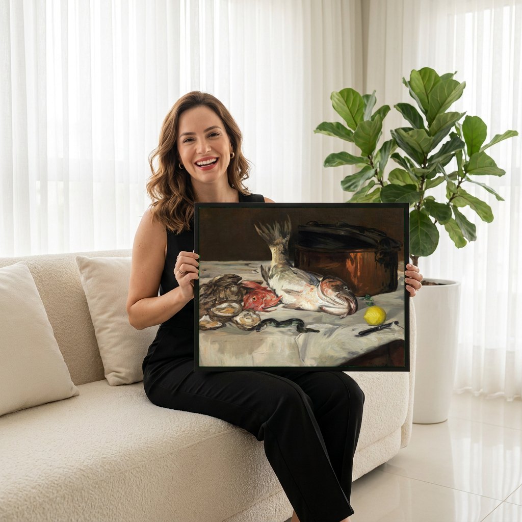 Quadro Decorativo Natureza-Morta com Peixes - Edouard Manet | modelo apresentando o quadro emoldurado