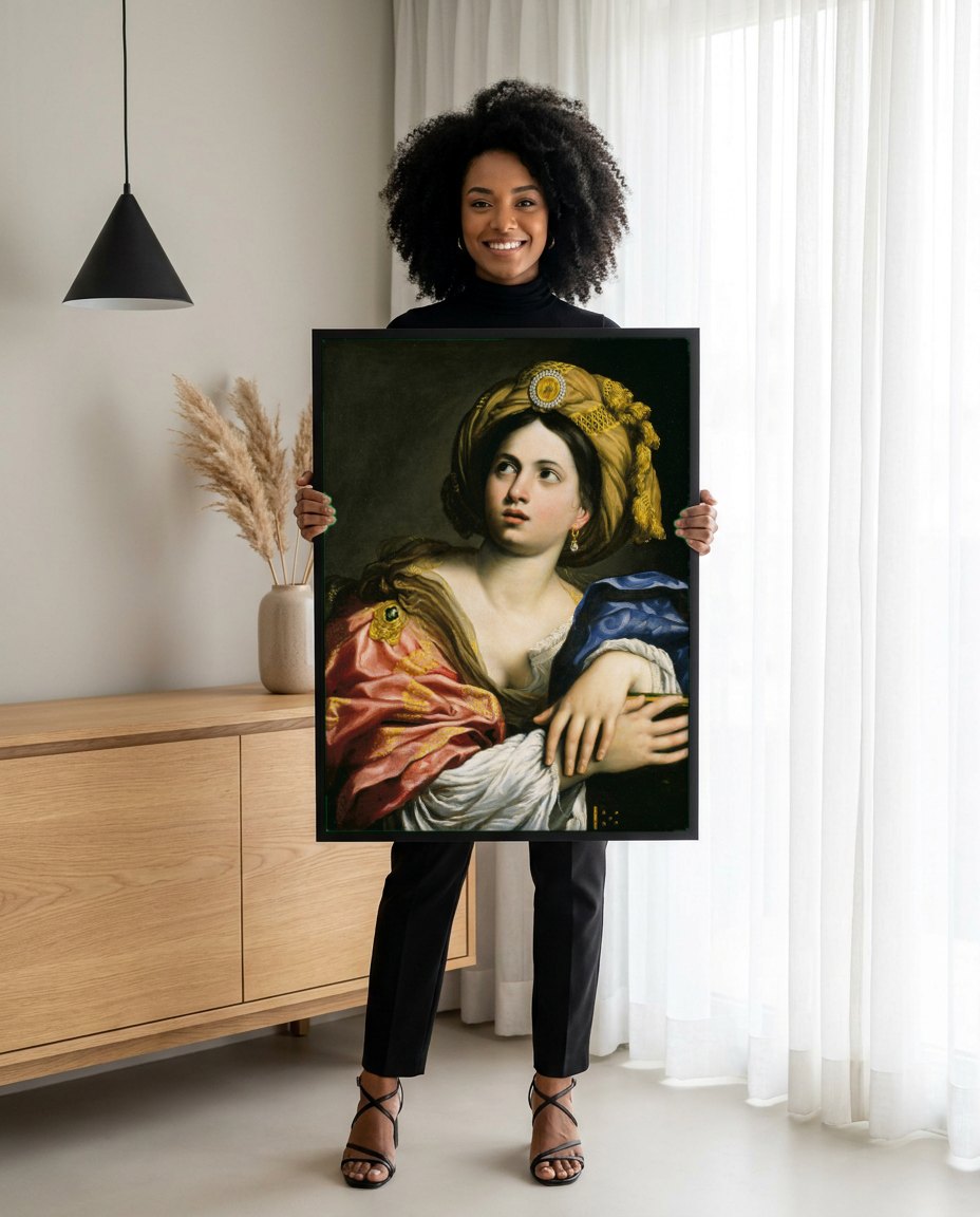 Quadro Decorativo 'Sibila Persa' - Domenichino | modelo apresentando o quadro emoldurado