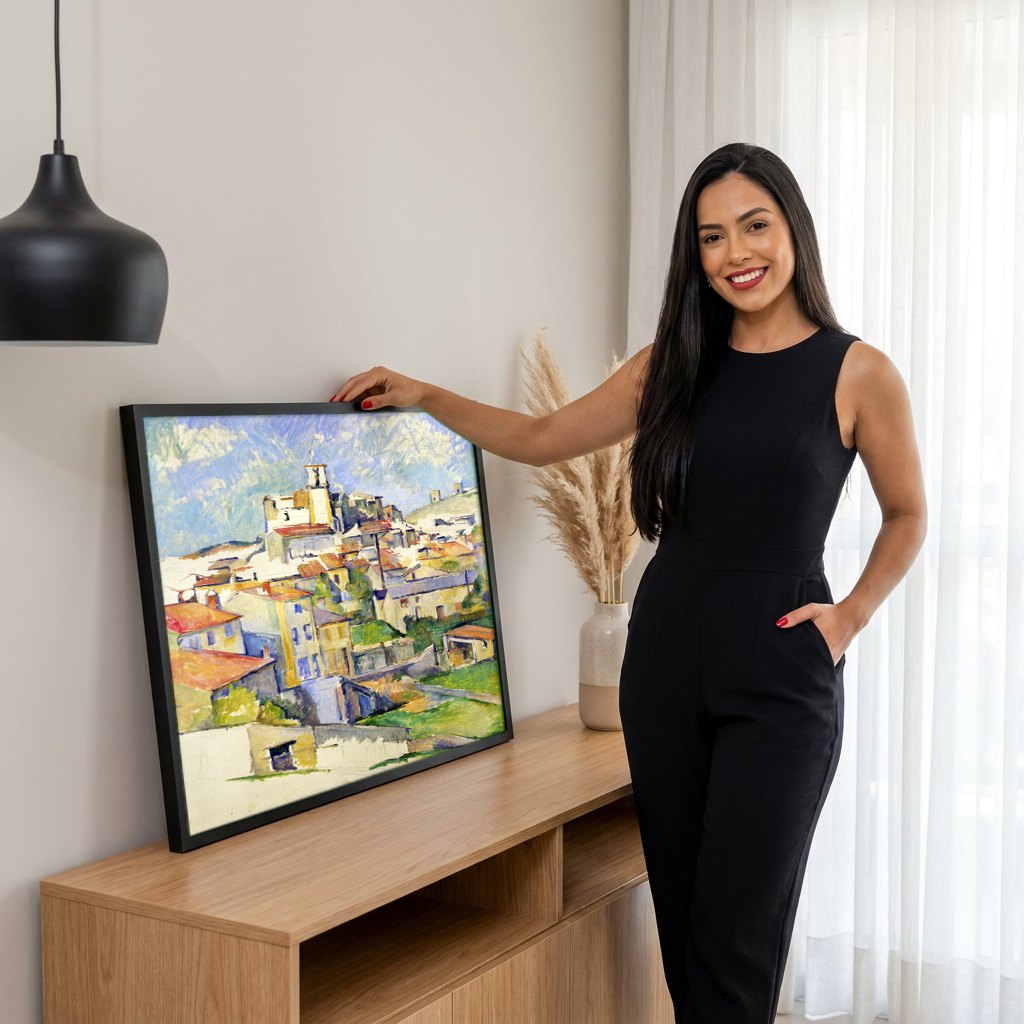 Quadro Decorativo Vilarejo com Campanário - Paul Cézanne | modelo apresentando o quadro emoldurado