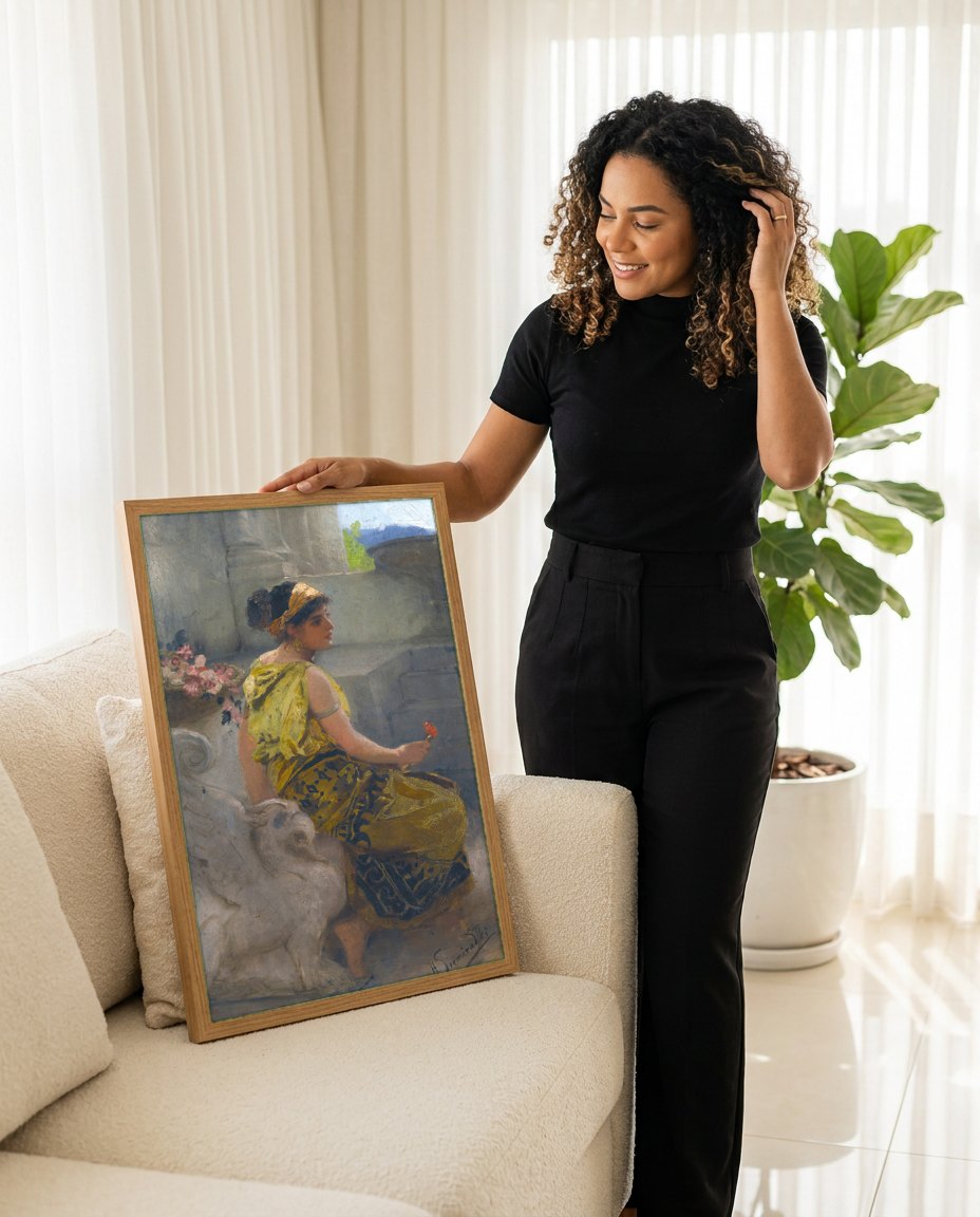 Quadro Decorativo A Jovem Oriental – Siemiradzki | modelo apresentando o quadro emoldurado
