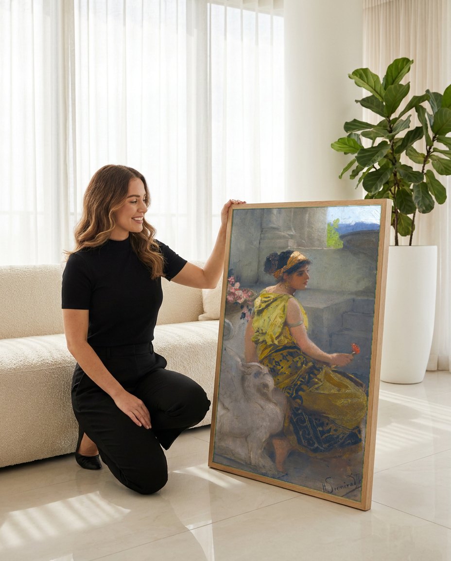 Quadro Decorativo A Jovem Oriental – Siemiradzki | modelo apresentando o quadro emoldurado