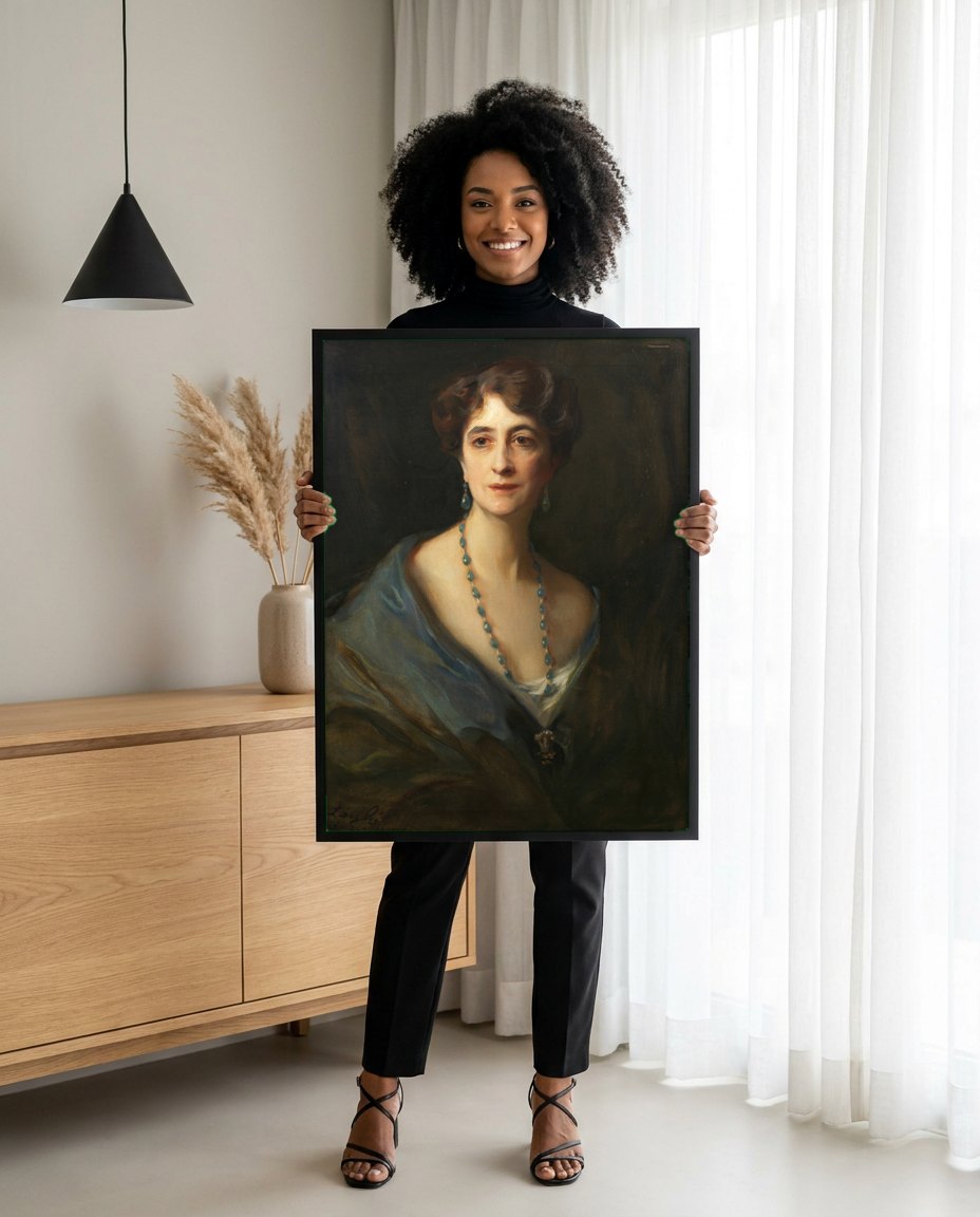 Quadro Decorativo Retrato de Senhora - Philip de László | modelo apresentando o quadro emoldurado