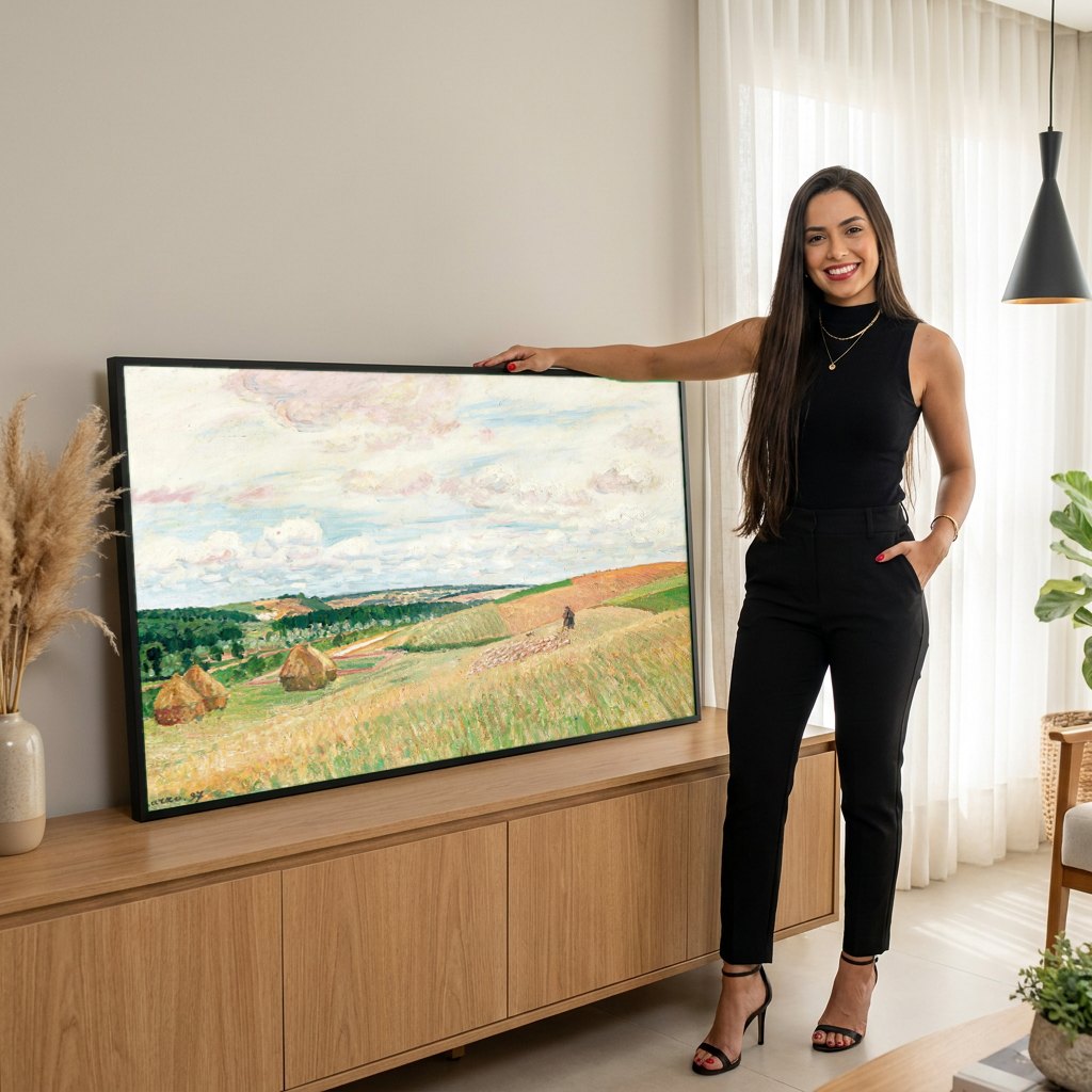 Quadro Decorativo Campo de Trigo com Ceifeira - Pissarro | modelo apresentando o quadro emoldurado