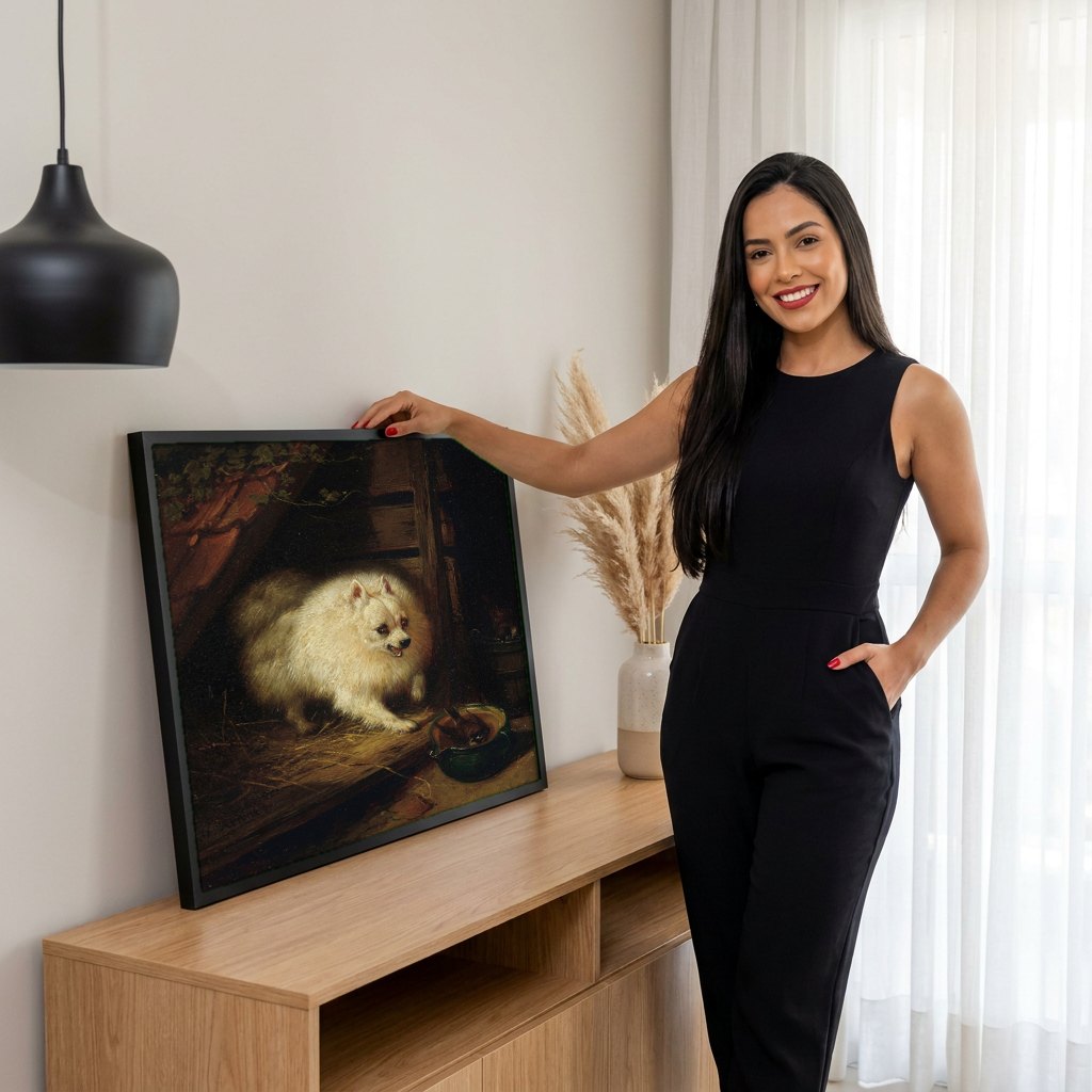 Quadro Decorativo Cão Defendendo Passarinho - Henriëtte Ronner-Knip | modelo apresentando o quadro emoldurado